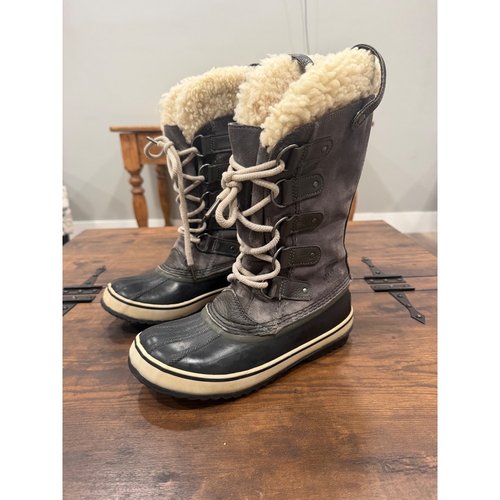 Sorel Joan of Arctic Boots Women 7 Gray Black Waterproof Faux Fur Winter‎ Snow
